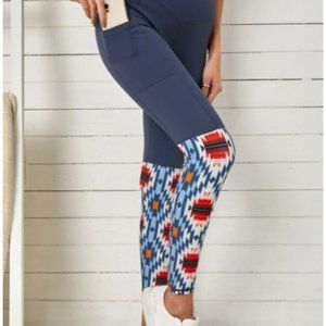 Gray Crossover High Waist Aztec Print Patchwork Yoga Leggings